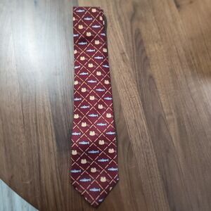 Alynn Neckwear Mens Silk‎ Tie Trout & Creel Fly Fishing Rods Burgundy Novelty